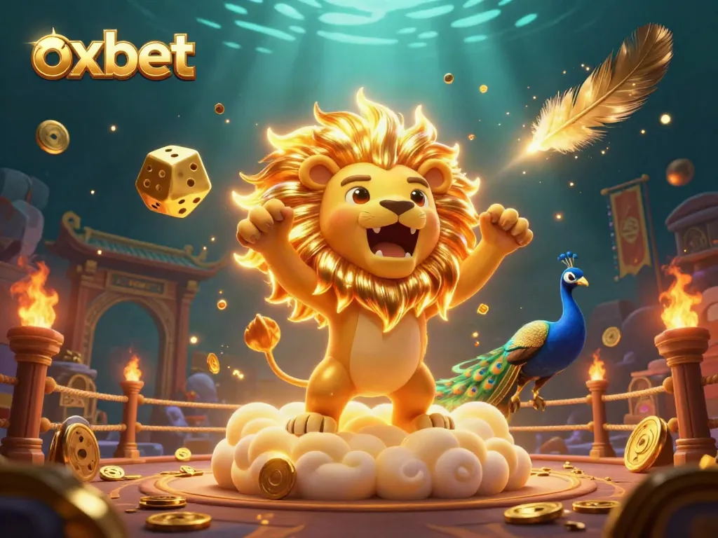 Experience the excitement of oxbet with a roaring lion and golden dice in a captivating casino scene.