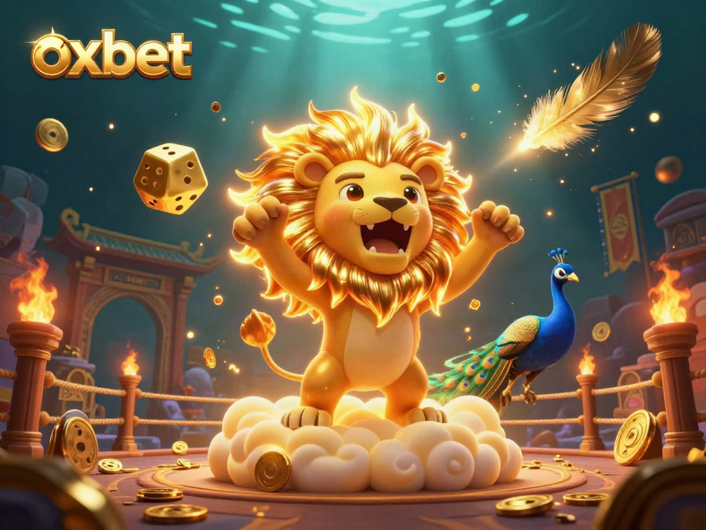 Experience the excitement of oxbet with a roaring lion and golden dice in a captivating casino scene.
