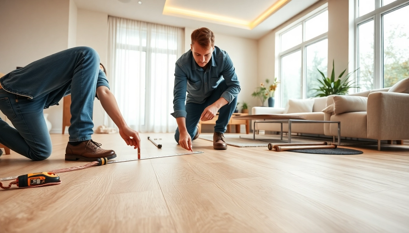 Showcasing vinyl flooring near me with a professional installer measuring in a modern home.