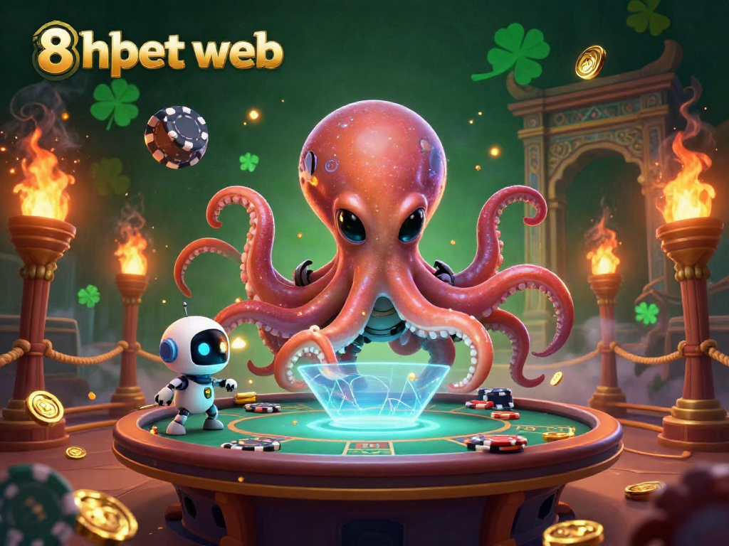 Engage with 8xbet web's vibrant alien octopus at a thrilling holographic poker table.