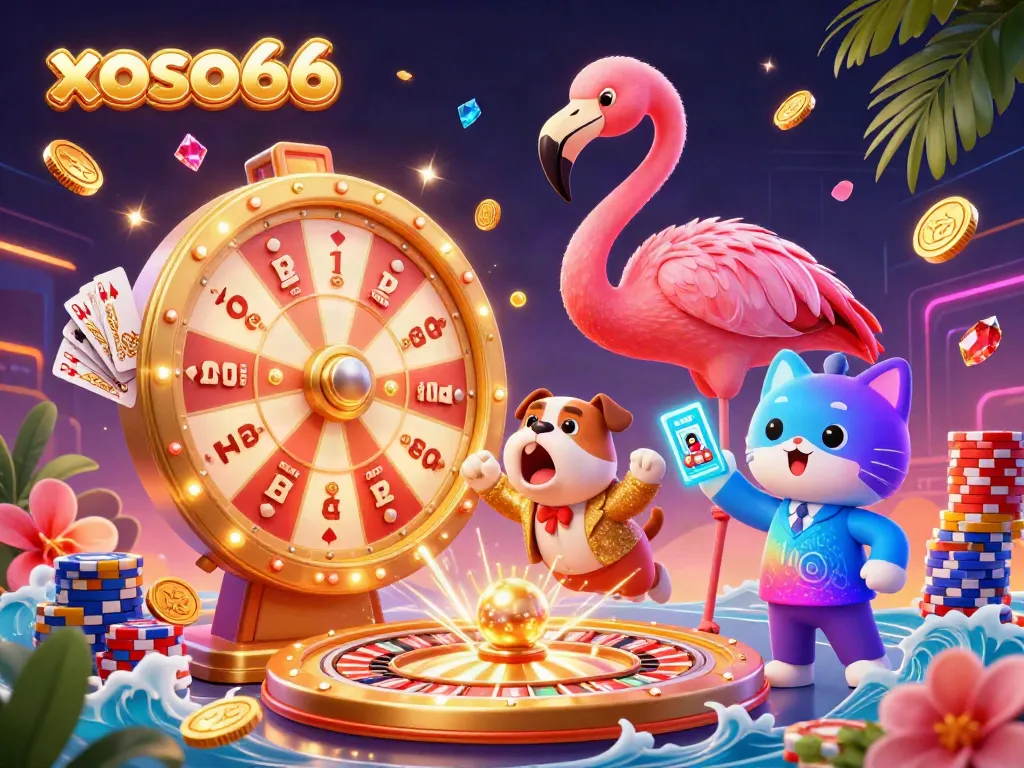 Engage with xoso66's thrilling casino experience featuring dynamic prize reveal, vibrant game elements, and colorful characters.