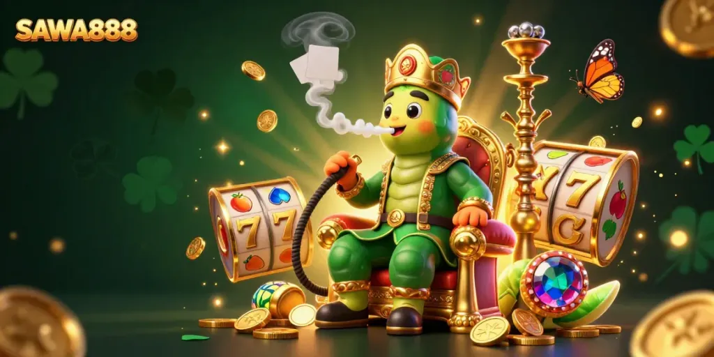 SAWA888 showcases an exciting slot scene with a colorful caterpillar master surrounded by dynamic slot elements.