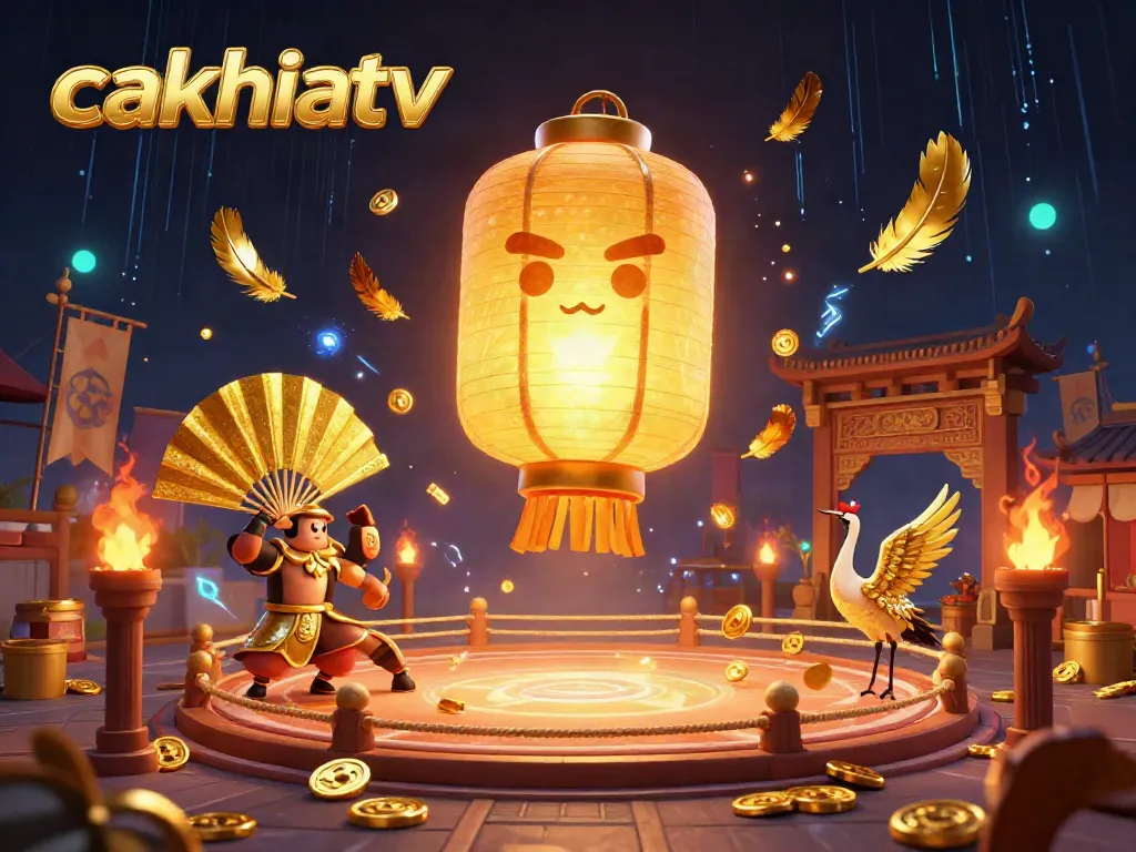 Experience the excitement of cakhiatv as golden lanterns and warriors illuminate a vibrant online casino scene.