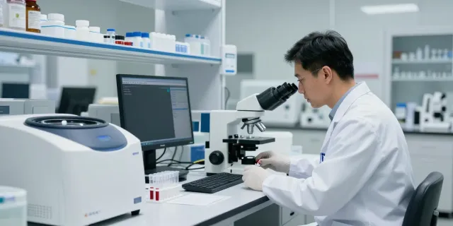 Laboratorio de análisis clínicos con técnico realizando pruebas en ambiente profesional.