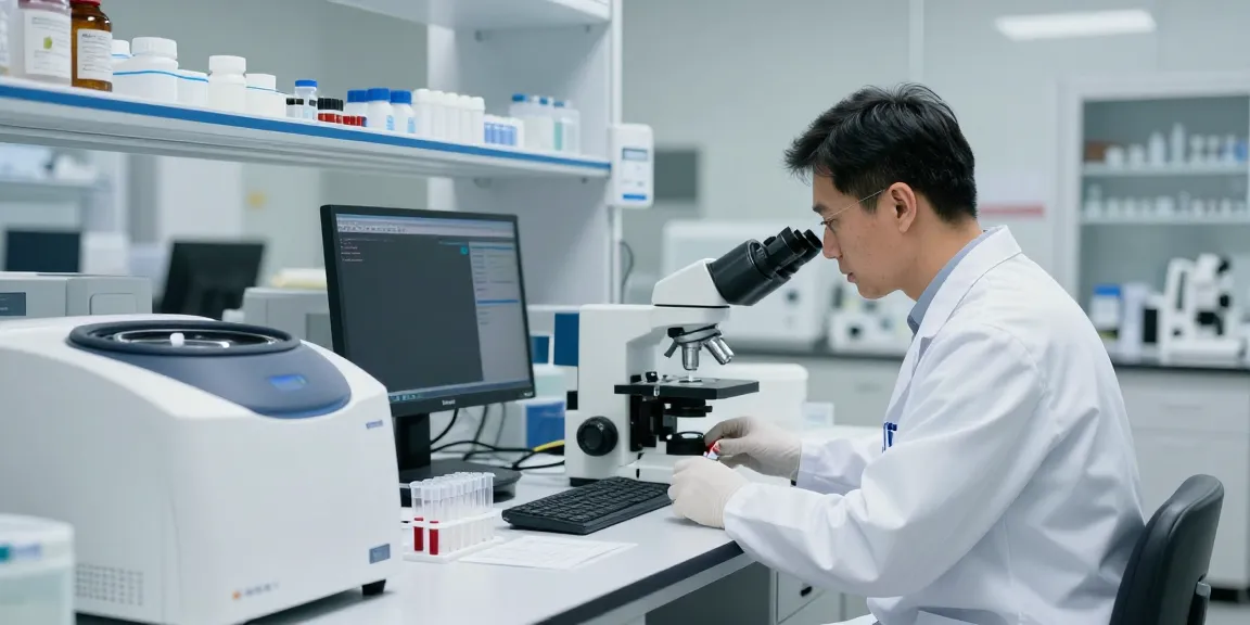 Laboratorio de análisis clínicos con técnico realizando pruebas en ambiente profesional.