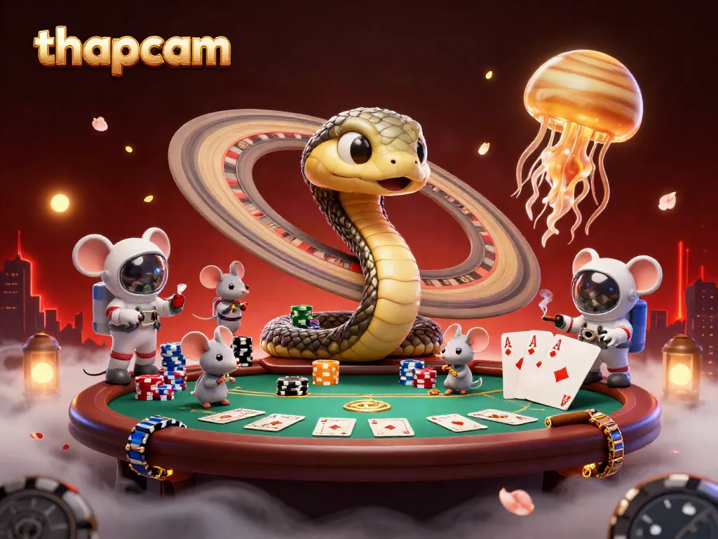 Experience thapcam's thrilling cosmic roulette with vibrant illustrations of betting mice and a jellyfish dealer.