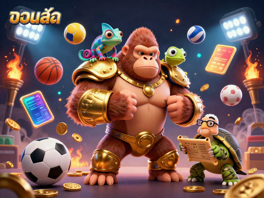Bet on บอลสด with immersive 3D sports elements featuring a cartoon gorilla king and vibrant background.