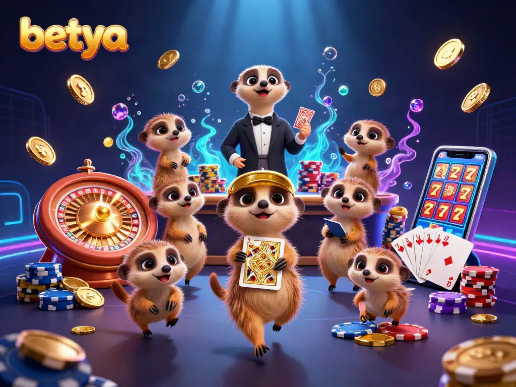 betya meerkats orchestrate a lively casino scene with dazzling coins, chips, and vibrant game elements