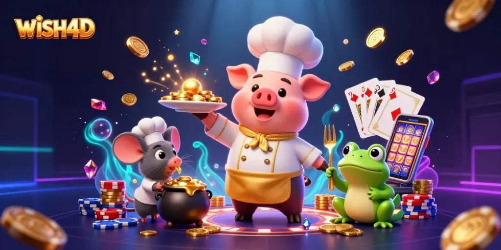 WISH4D showcases dynamic casino action with golden coins, vibrant characters, and an immersive atmosphere.