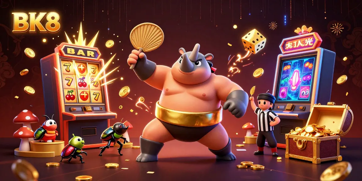 Experience thrilling gameplay at BK8 with a lively scene of a beetle sumo champion amidst jackpot excitement!