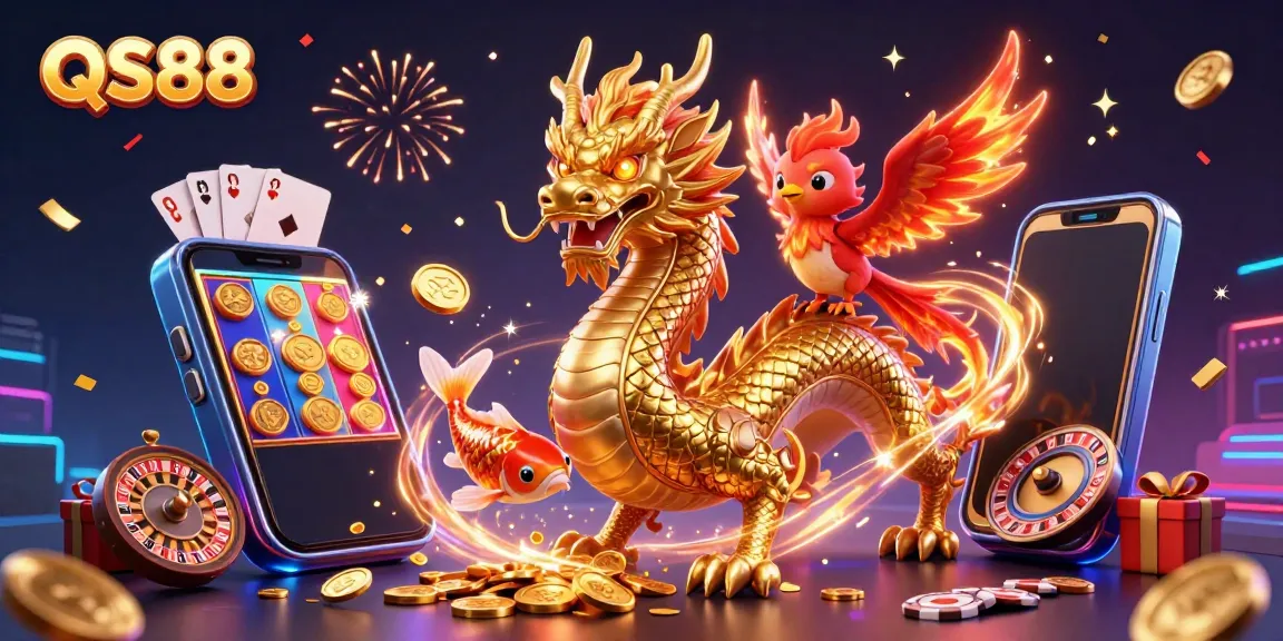 Experience the thrilling world of QS88 with a golden dragon, phoenix, and koi fish in a vibrant casino setting.
