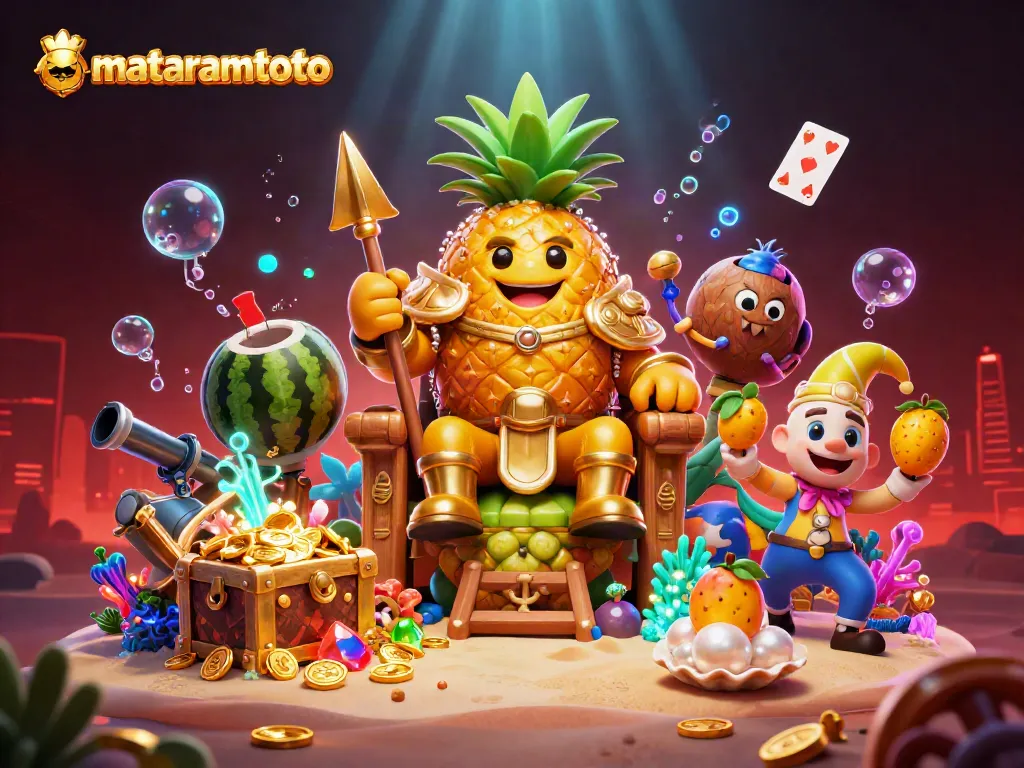 Experience the excitement of mataramtoto with a vibrant 3D scene of a golden pineapple king and friends in a tropical beach casino setting.