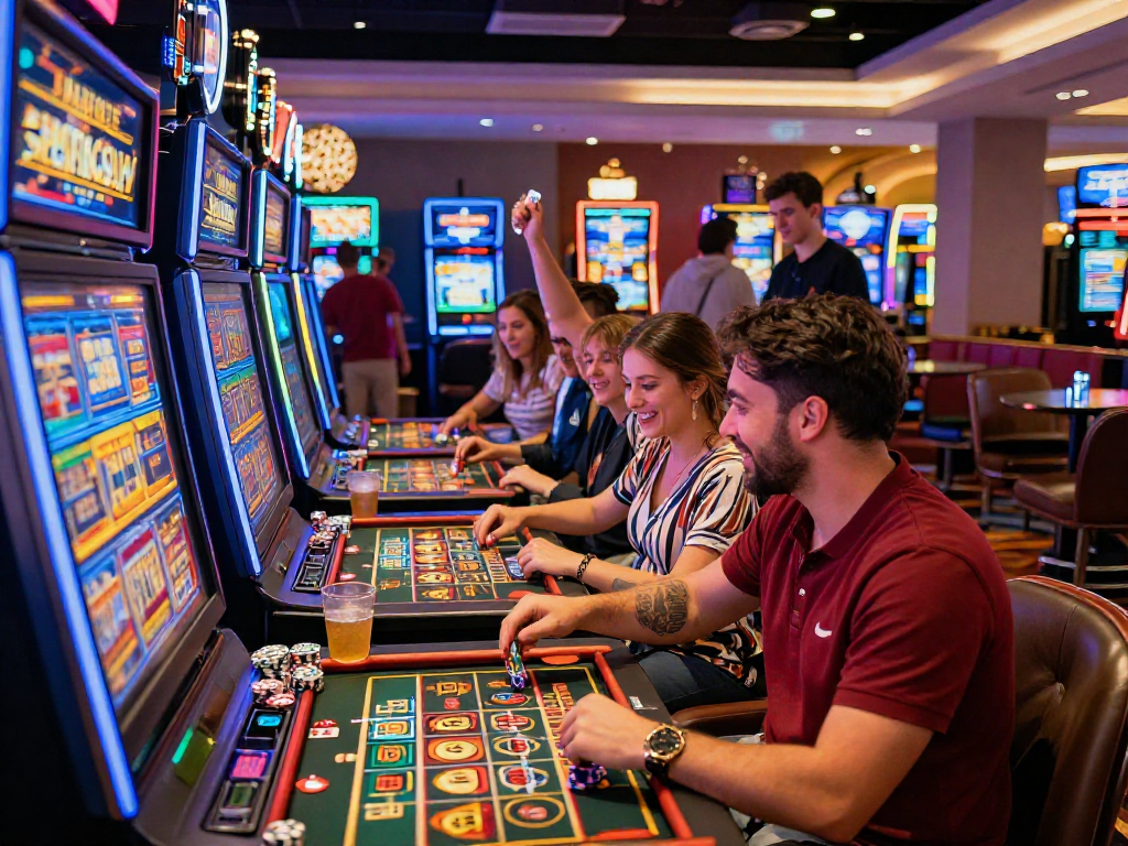Slot88 permainan di kasino modern, pemain merayakan kemenangan dan suasana penuh warna.
