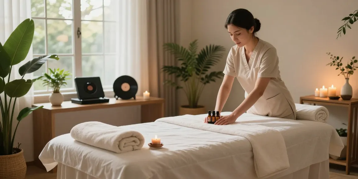 Relaxing 수원출장안마 setting with a soothing massage environment and essential oils.