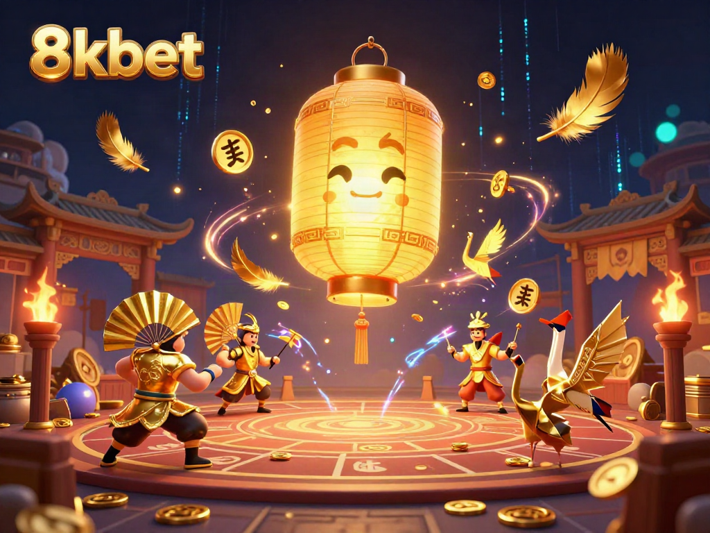 Engage with 8kbet's captivating casino atmosphere showcasing the golden lantern spirit amidst vibrant gaming elements.