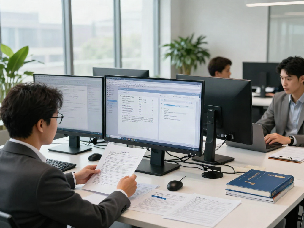Business professional analyzing document fraud detection solutions in a modern office setting.