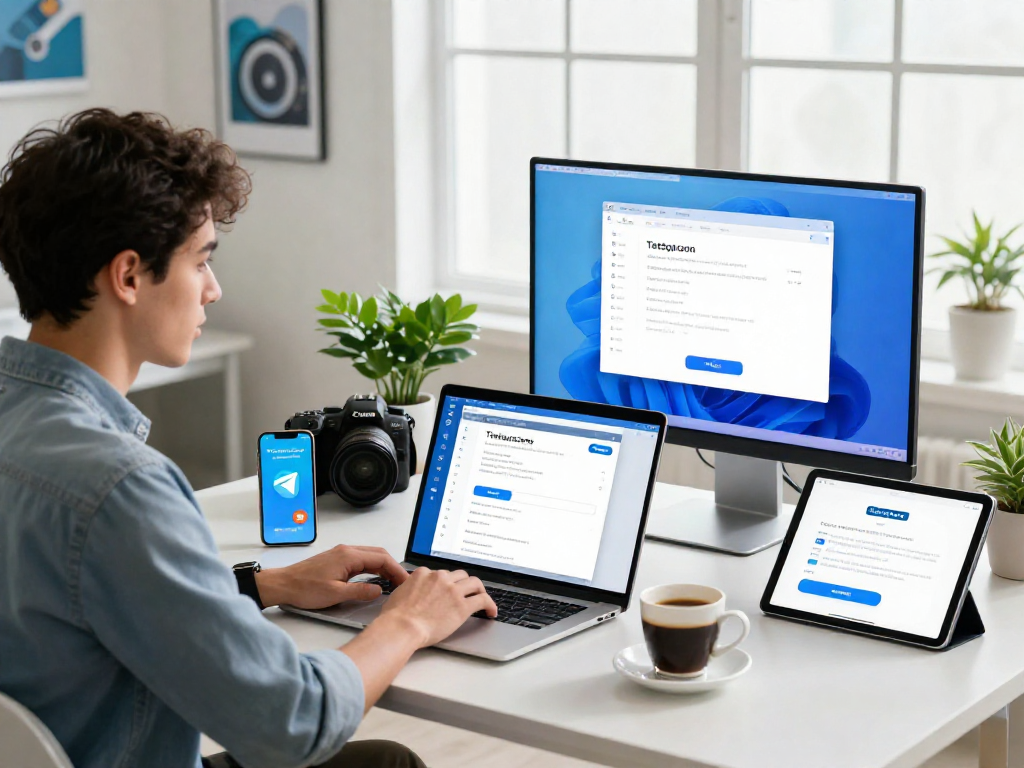 在这张图片中，用户正在电脑上进行telegram 下载，周围是多种现代科技设备，呈现出专业而充满活力的工作环境。