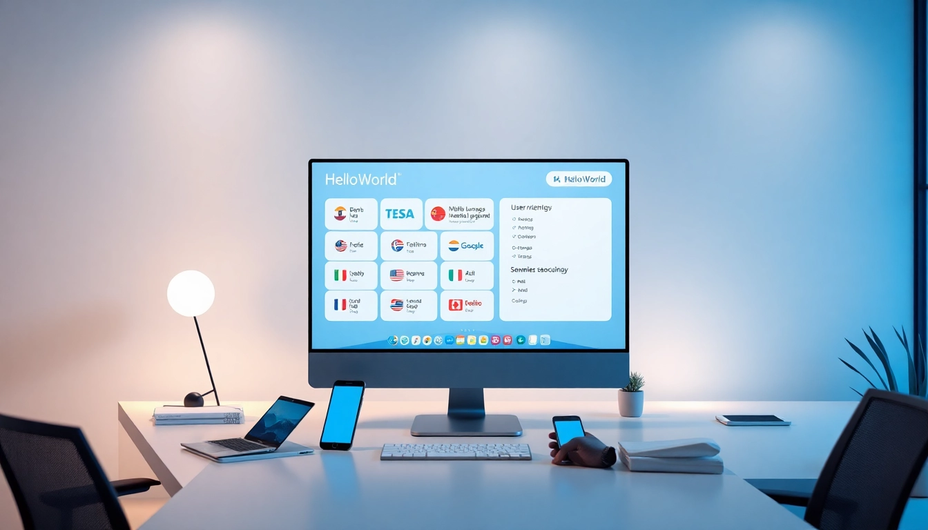 HelloWorld software interface displayed on a modern workspace, showcasing multilingual support and seamless connectivity.