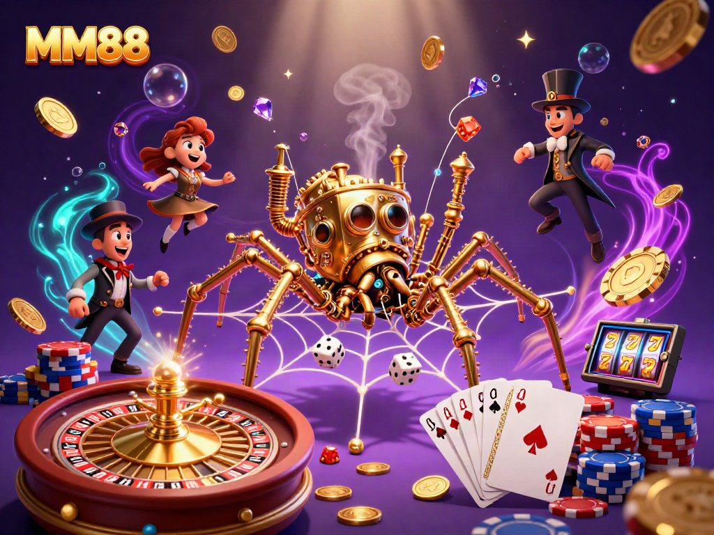 Win big at MM88 with our captivating casino-themed illustration showcasing a dynamic gaming scene.
