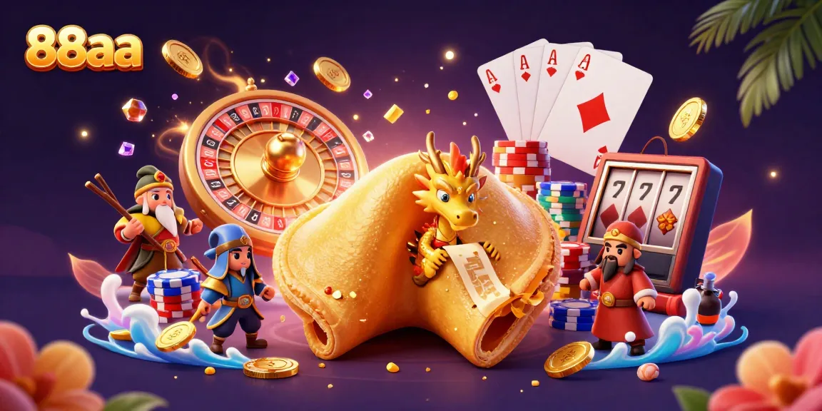 Engage with thrilling 88aa fortune storytelling amidst a vibrant casino scene of cards, coins, and dynamic energy.
