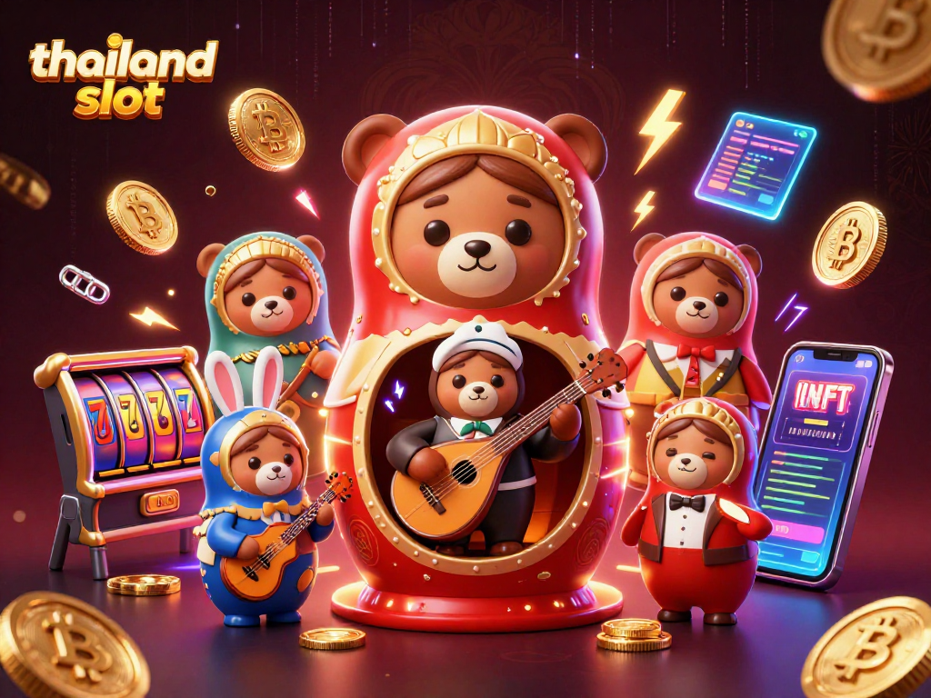 Spin to win with thailand slot in a vibrant 3D casino scene featuring unique characters and crypto elements.