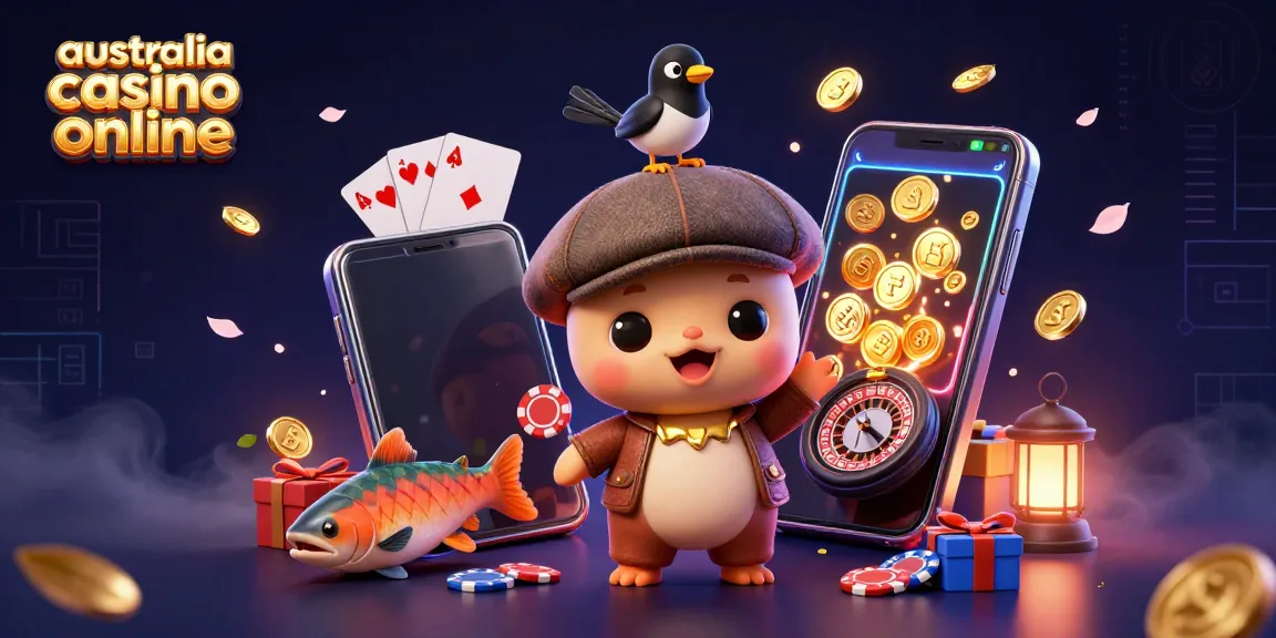 Engaging scene showcasing cute 3D cartoon baby Nessie and a magpie in a vibrant australia casino online setting.