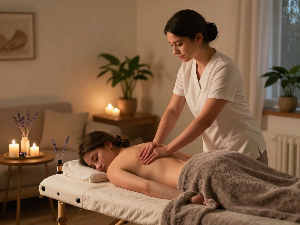 Relaxing 시흥출장마사지 scene with a professional therapist providing gentle massage in a cozy home setting at night.