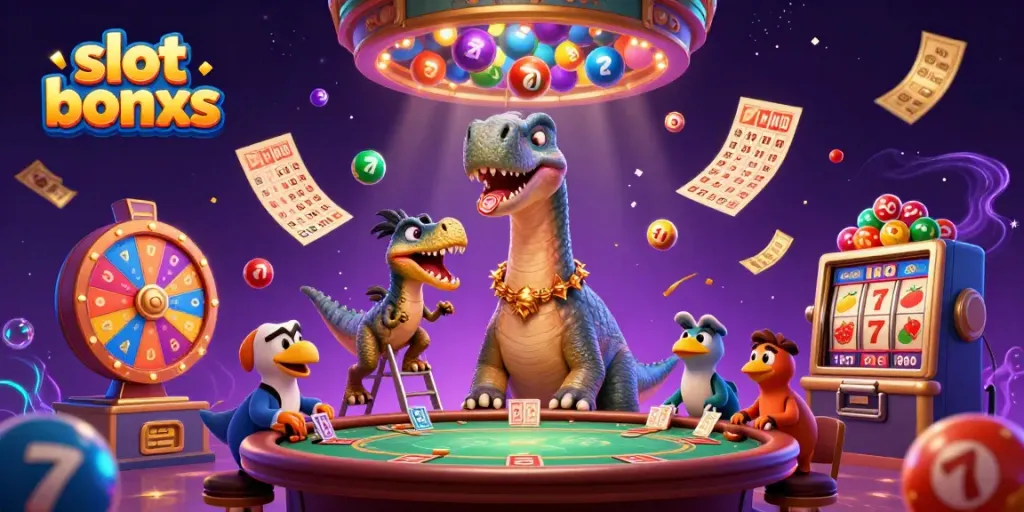 Experience exciting slot bonus action in a vibrant casino illustration featuring a playful dinosaur theme.