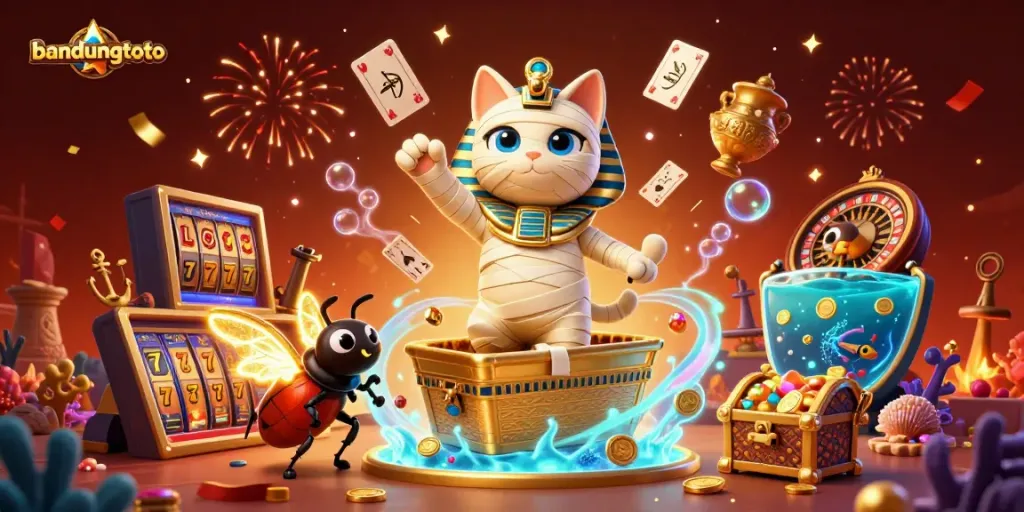 Experience the excitement at bandungtoto, a vibrant casino scene with a cartoon mummy cat and glowing scarab.