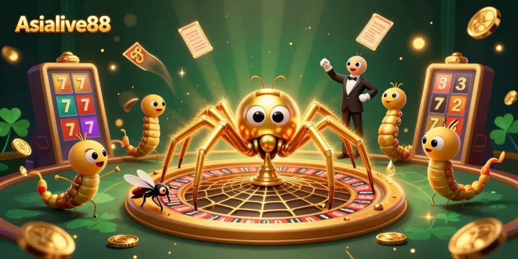 Engage in thrilling bets on Asialive88 while the cartoon spider spins a roulette wheel web.