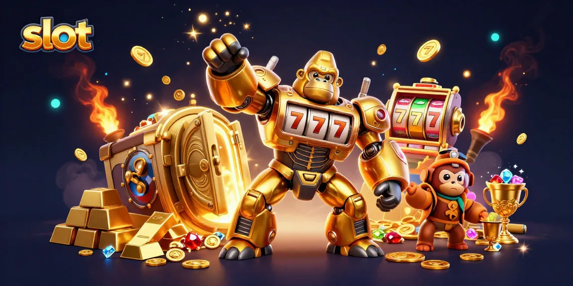 Experience thrilling slot action with a golden gorilla mech and dynamic casino elements bursting with color.
