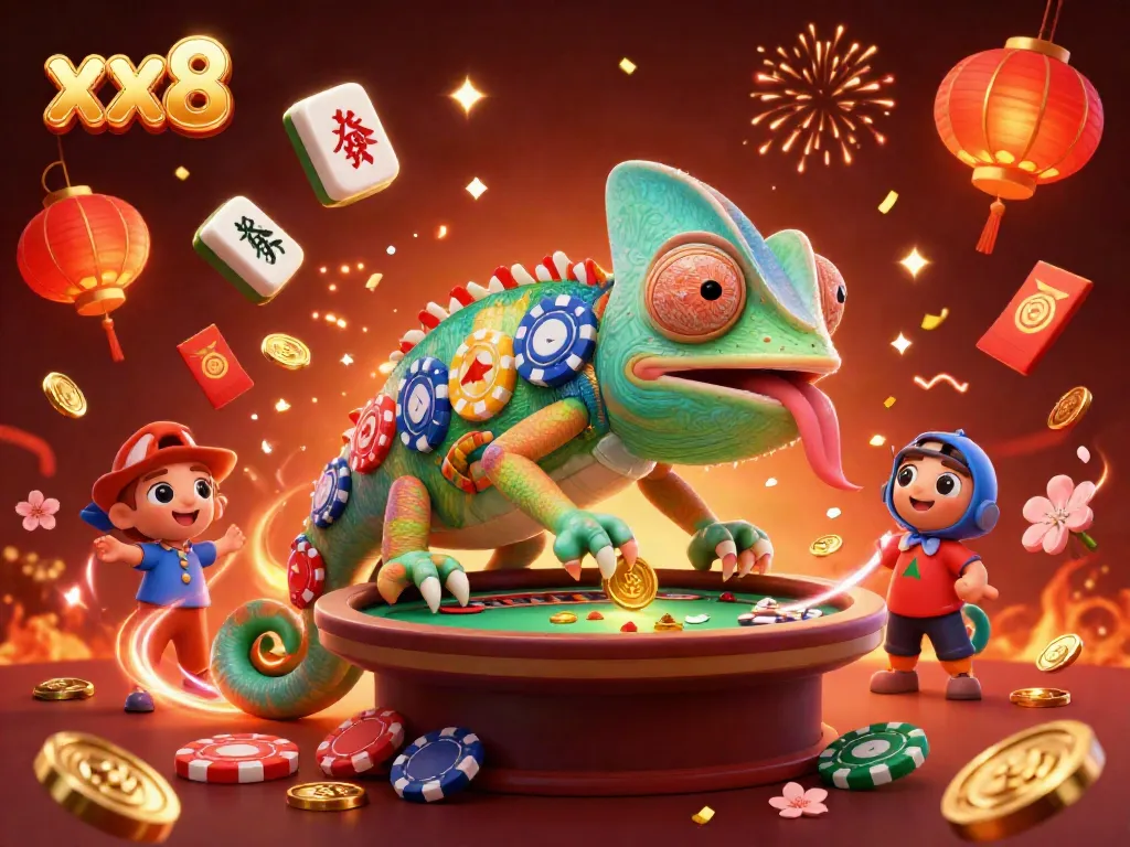 xx8 casino owner chameleon snatches coins in a vibrant casino scene filled with golden elements.