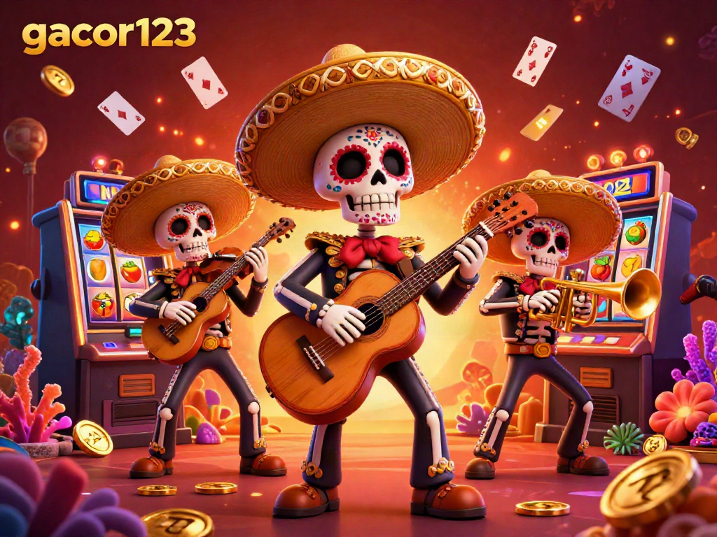 Experience thrilling gaming with gacor123 featuring a Day of the Dead mariachi band amidst vibrant slot elements.