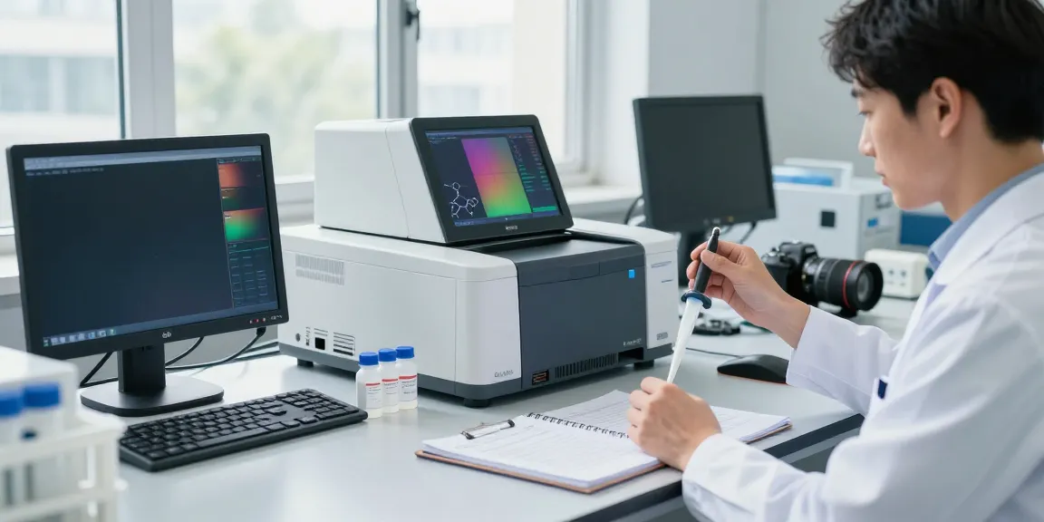 Researcher analyzing SwissChems peptides in a modern lab.