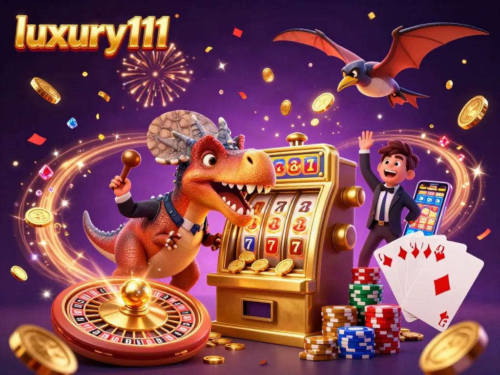 Experience the thrill of luxury111 as a dinosaur headbutts a slot machine for jackpot coins!