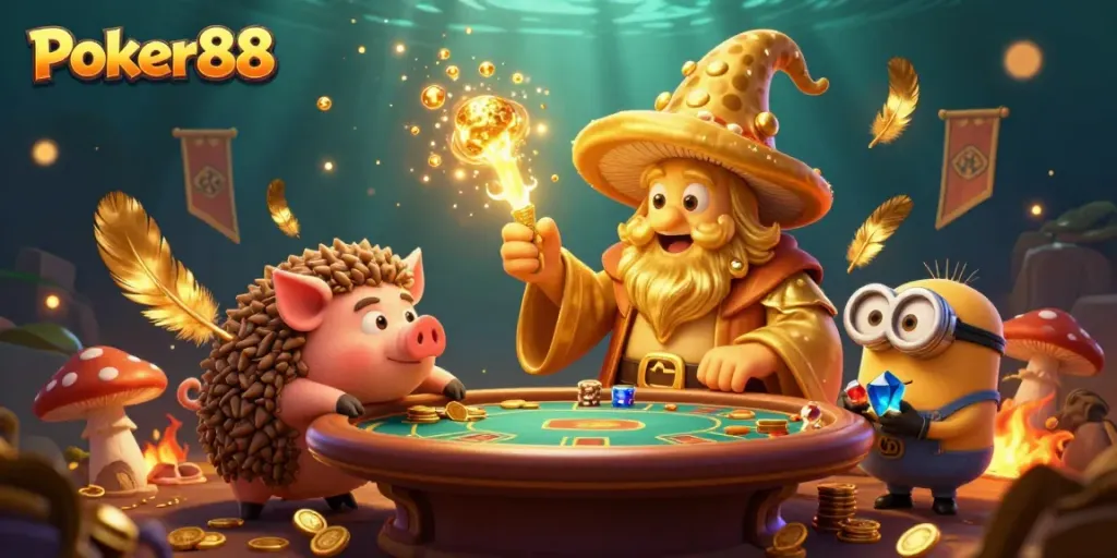 Engage in thrilling Poker88 gameplay with a vibrant scene showcasing a golden mushroom wizard, treasure-hunting pig, and poker elements.
