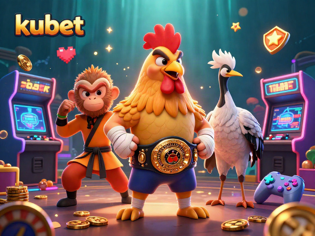 Kubet gaming illustration featuring a Muay Thai rooster, Shaolin monkey, and crane master amidst classic casino elements.