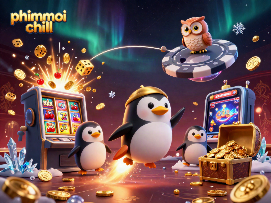 Experience gaming excitement with phimmoi chill as golden penguins soar past vibrant casino elements.