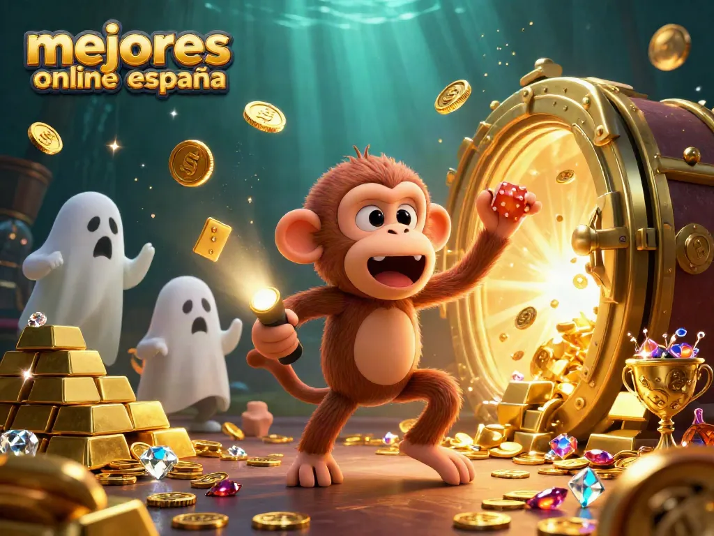 Ilustración vibrante de los mejores casinos online en España, mostrando un monito poltergeist y un perrito en un casino emocionante.