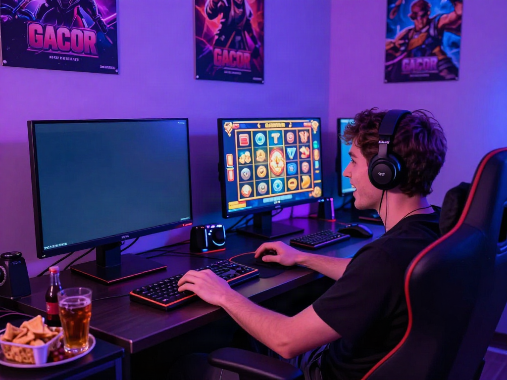 Player immersed in a thrilling slot gacor game environment with colorful animations and vibrant lighting.