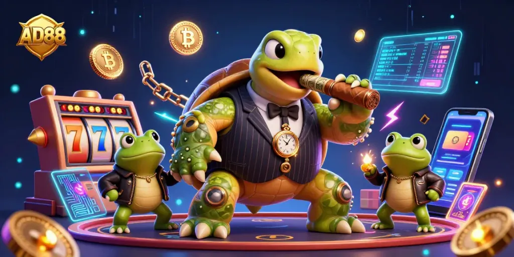 Win big with AD88's slot reels and a mobster turtle in a vibrant casino scene