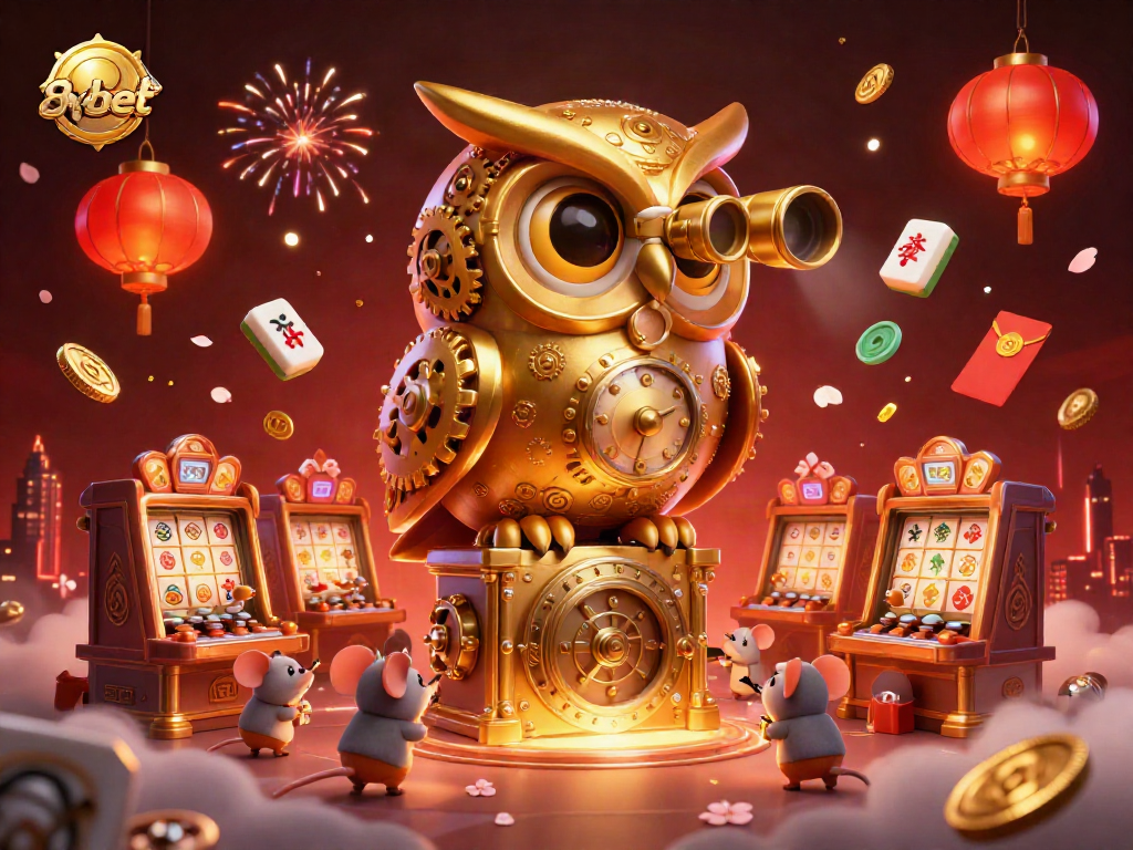 Experience the lively scene at 8xbet casino with a clockwork owl overseeing vibrant slot machines filled with excitement.