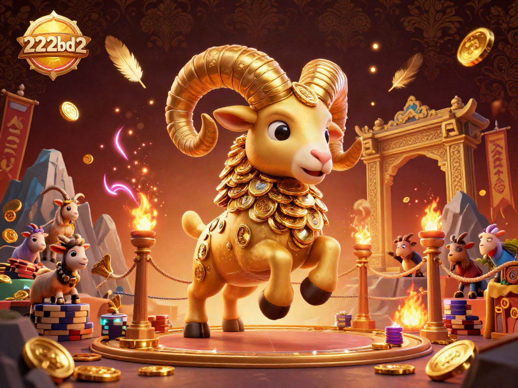 Engage with the thrilling 222bd2 casino scene showcasing a golden ram charging towards a dynamic backdrop.