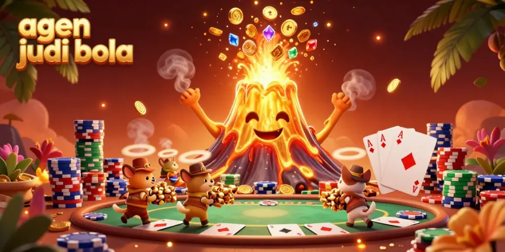 Experience thrilling bets with the agen judi bola amidst a volcanic eruption of treasure, showcasing dynamic poker action.
