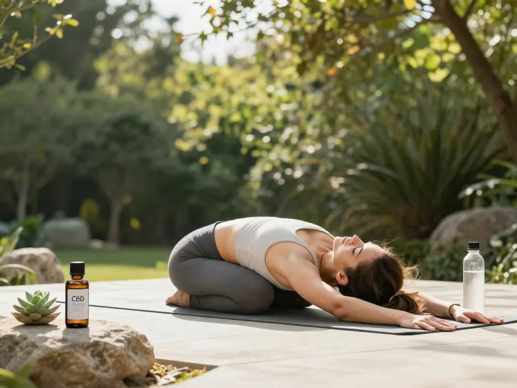 Buy weed online for natural wellness; featuring CBD oil and yoga in an outdoor setting.