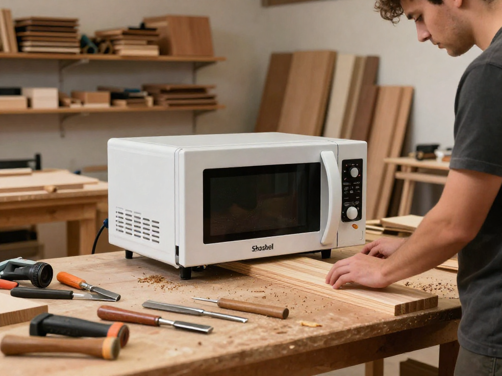 Shashel microwave technology effectively eliminating woodworms in a woodworking workshop.