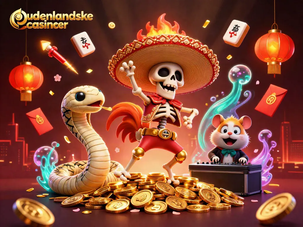 Engaging illustration of udenlandske casinoer showcasing a skeleton mariachi rooster, mummy snake, and zombie hamster DJ amidst vibrant casino elements.
