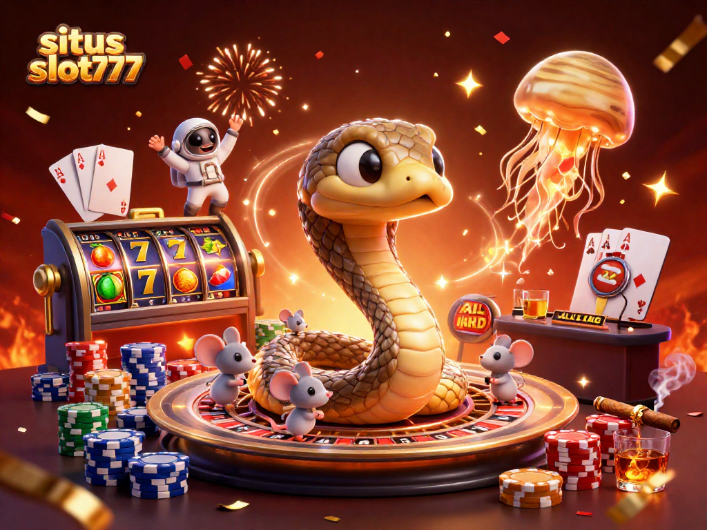 Engage in thrilling gaming with situs slot777, featuring a vibrant cosmic casino scene.