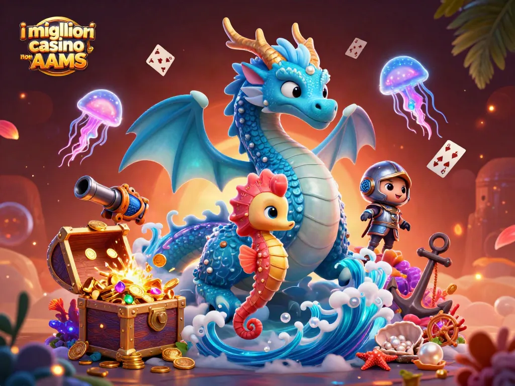 I migliori casino non AAMS: esplora un'illustrazione 3D di un drago d'acqua e un cavalluccio marino con tesori sottomarini scintillanti.