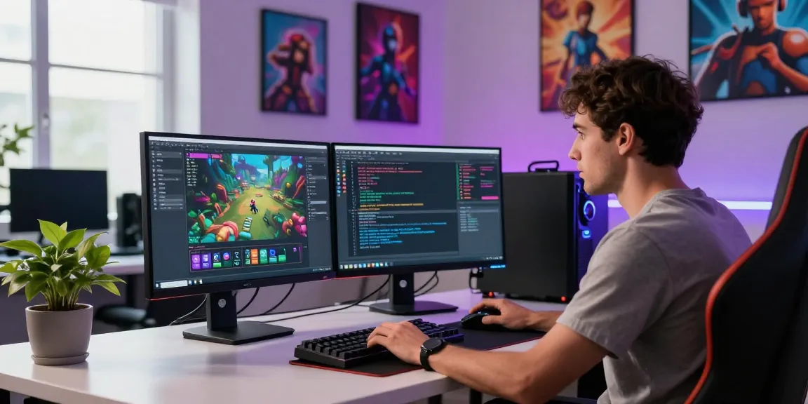 Creative game development workspace featuring bos88 software analytics and vibrant atmosphere for gaming.